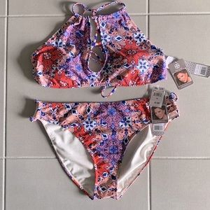 DAISY FUENTES MULTI PEACH KEYHOLE HIGH NECK BIKINI SET SUMMER VACATION CRUISE
